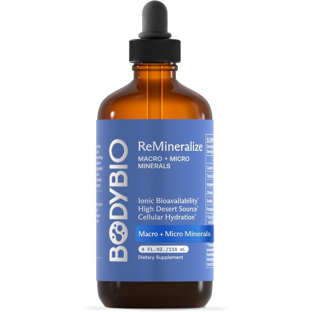 BodyBio ReMineralize ionic trace mineral drops for rapid cellular hydration and detox.