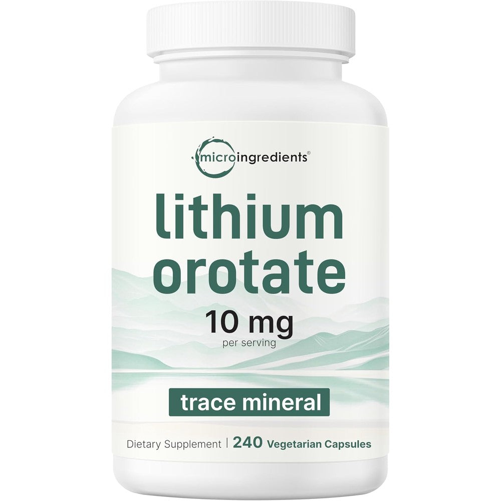 Micro Ingredients lithium orotate 10mg veggie capsules for brain health and mood support.
