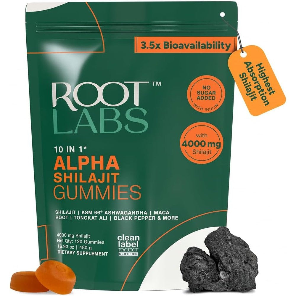 ROOT LABS 10in1 Alpha shilajit gummies with Tongkat Ali and Maca root for men.