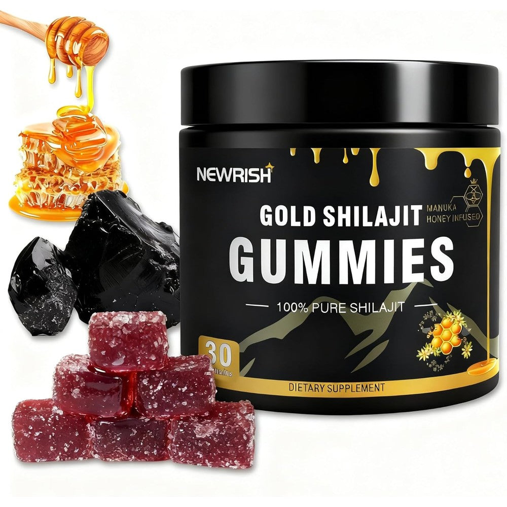 Newrish Himalayan shilajit gold gummies with Manuka honey and ashwagandha for vitality.