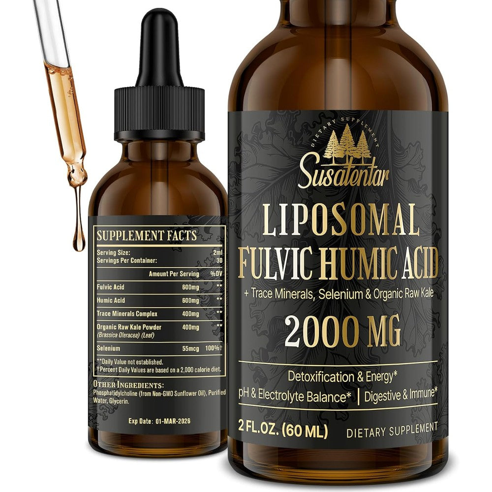 Susatentar Liposomal Fulvic Acid 2 oz bottle with dropper for easy liquid dosing