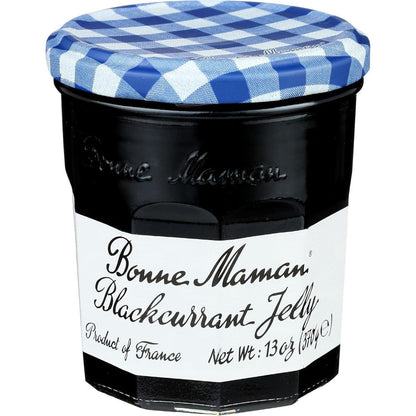Bonne Maman Black Currant Natural Jelly Fruit Preserves 13 ounce front view showing signature glass jar and red gingham lid
