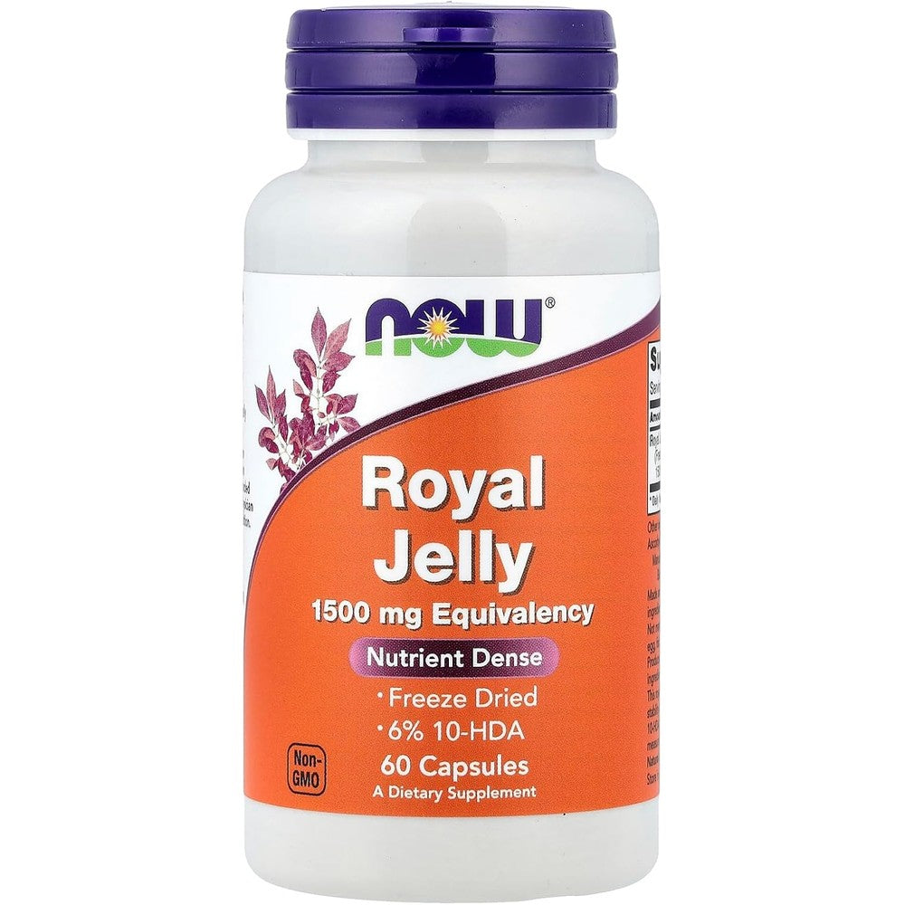 NOW Foods Royal Jelly 1500mg 60 Veg Capsules front label view showing freeze dried potency