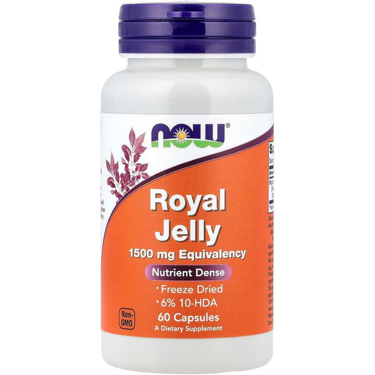 NOW Foods Royal Jelly 1500mg 60 Veg Capsules front label view showing freeze dried potency
