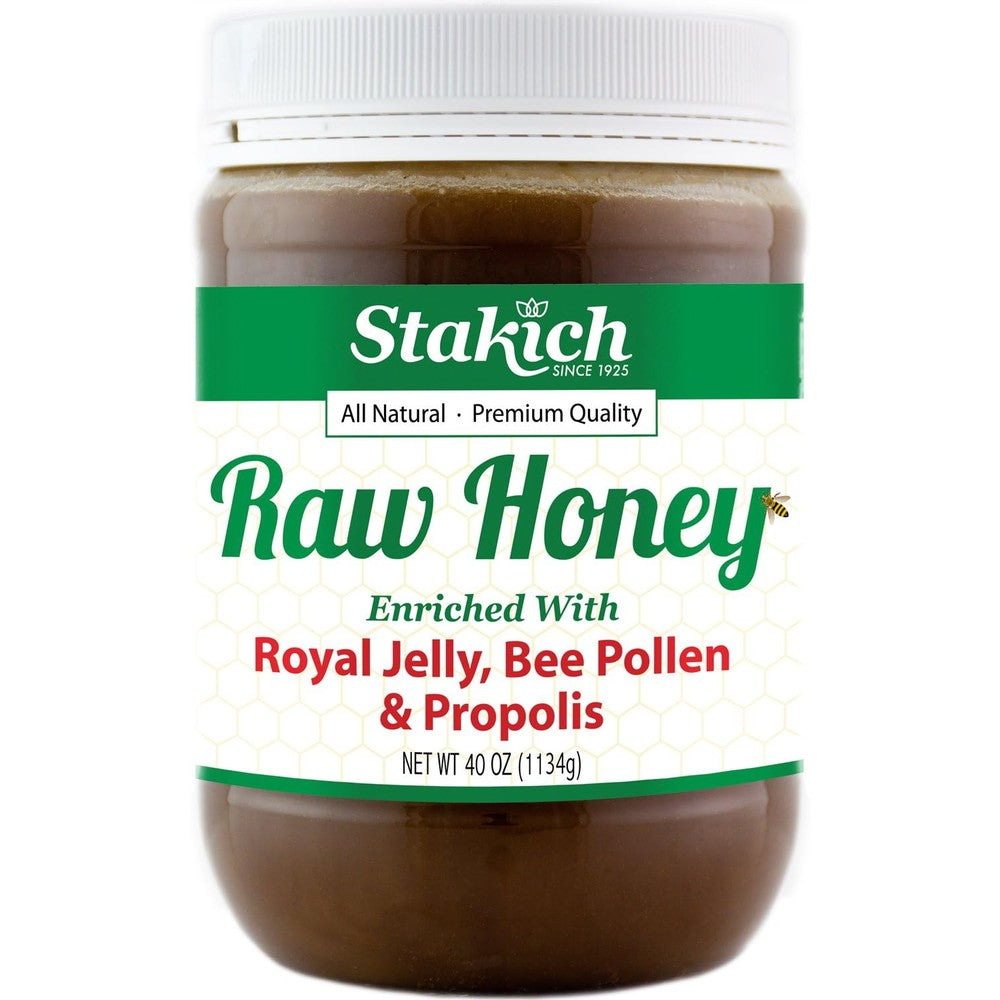 Stakich Royal Jelly Bee Pollen Propolis Raw Honey front view jar