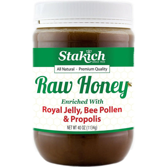 Stakich Royal Jelly Bee Pollen Propolis Raw Honey 40 ounce glass jar with golden honey blend