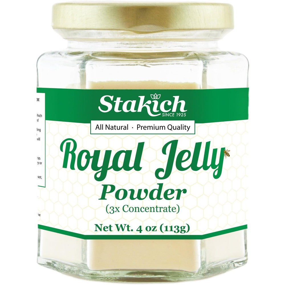 Stakich Royal Jelly Powder 4 Ounce jar front view showcasing premium bee nutrition supplement