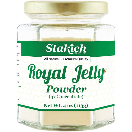 Stakich Royal Jelly Powder 4 Ounce jar front view showcasing premium bee nutrition supplement