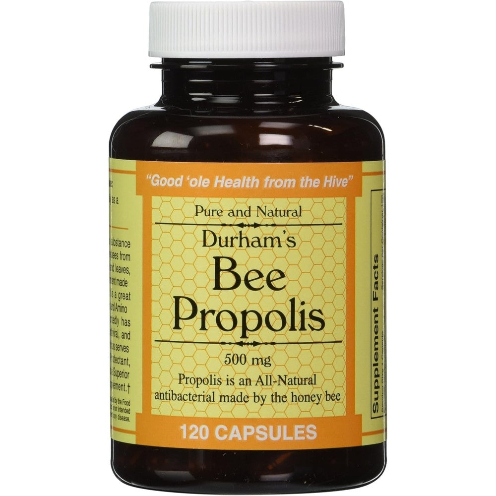 Durham's Bee Farm Bee Propolis 500mg 120 Capsules front view showcasing authentic USA imported packaging for immune support.