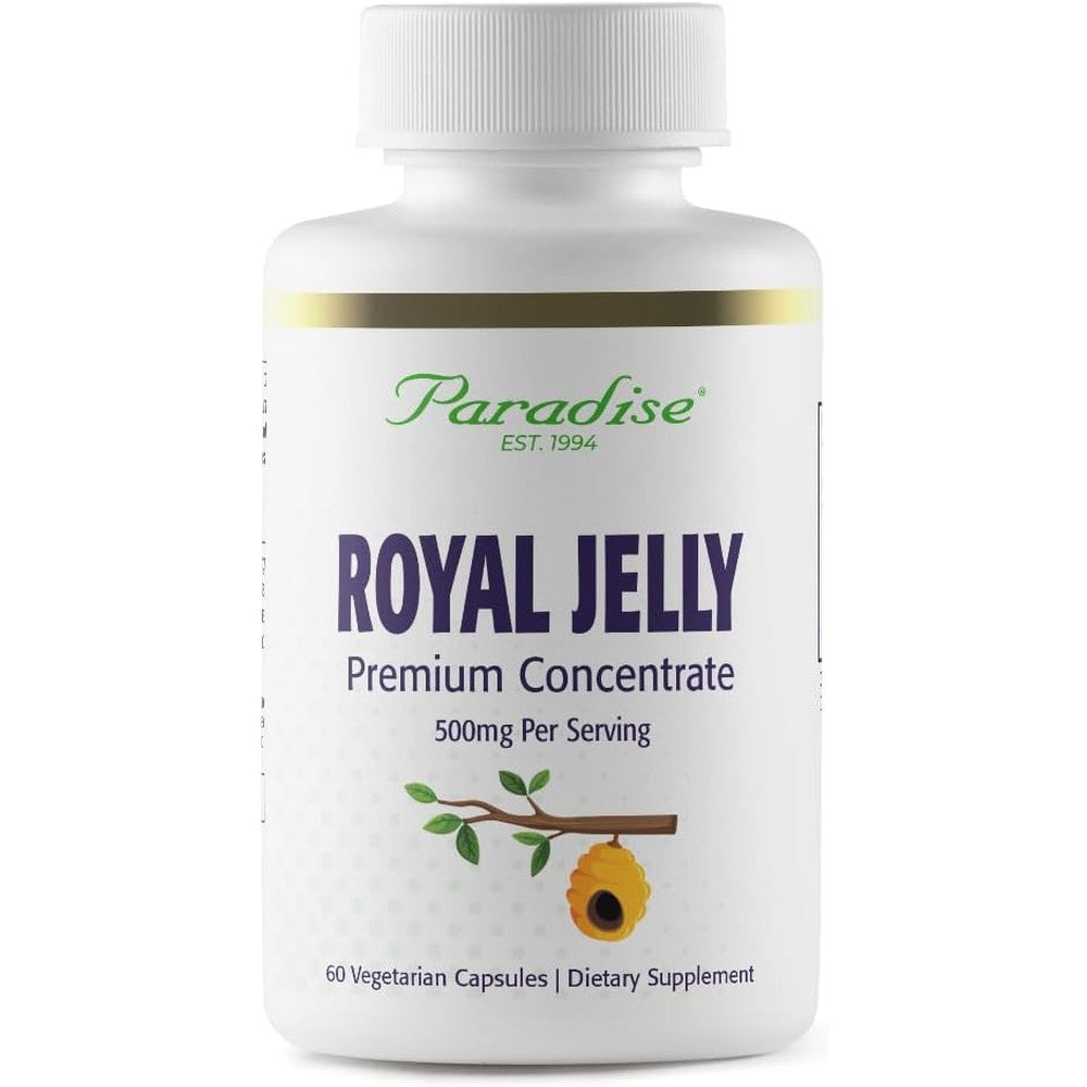 Paradise Herbs Royal Jelly Golden Emperor 60 Vegetarian Capsules front bottle view for natural energy support.