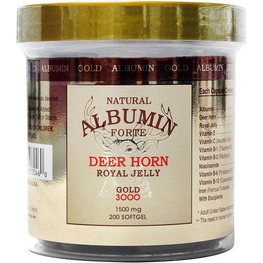 CGMLABS Natural Albumin Forte Deer Horn Royal Jelly 200 softgels front view of the bottle.