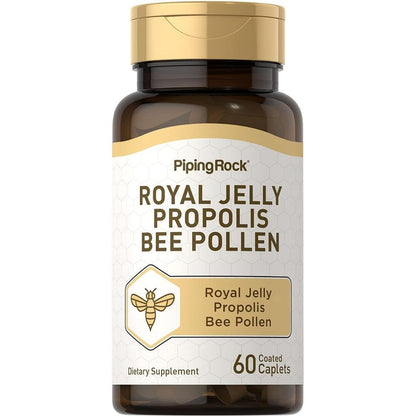 Piping Rock Royal Jelly Propolis Bee Pollen 60 caplets front bottle view immune supplement