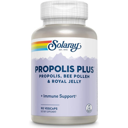 Solaray Propolis Plus 90 vegetarian capsules bottle front view showing rainbow logo and immune support benefits.