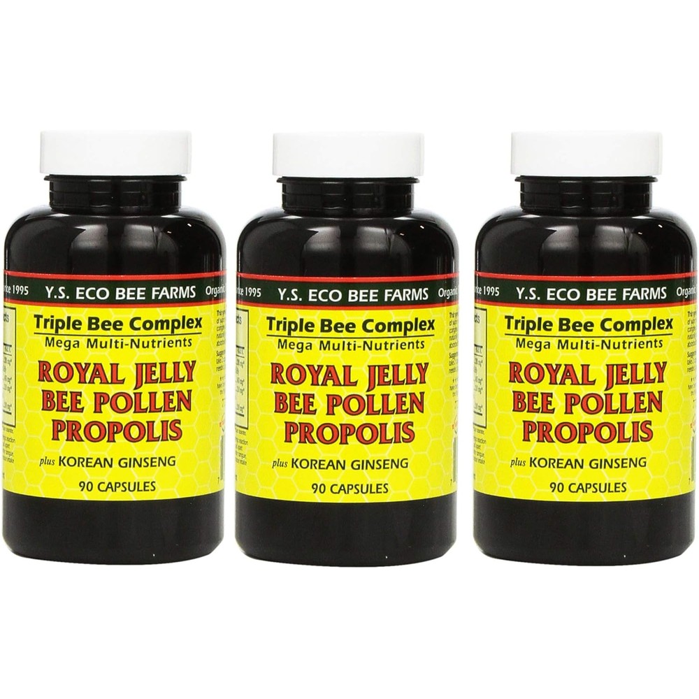 Y.S. Eco Bee Farms Triple Bee Complex 3 pack bottles front view showing royal jelly bee pollen propolis ingredients