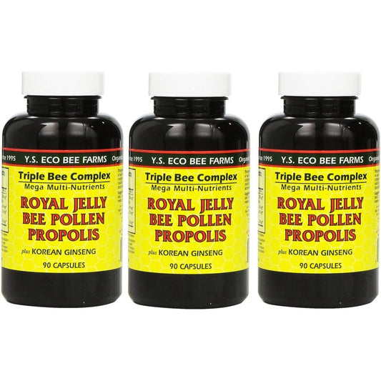 Y.S. Eco Bee Farms Triple Bee Complex 3 pack bottles front view showing royal jelly bee pollen propolis ingredients