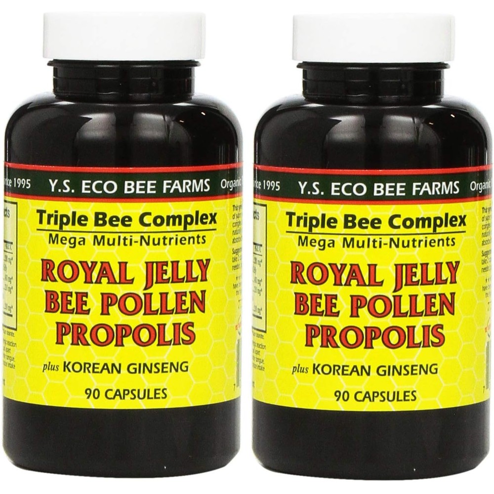 YS Eco Bee Farms Royal Jelly Bee Pollen Propolis 2 pack front view showing organic supplement bottles
