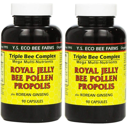 YS Eco Bee Farms Royal Jelly Bee Pollen Propolis 2 pack front view showing organic supplement bottles
