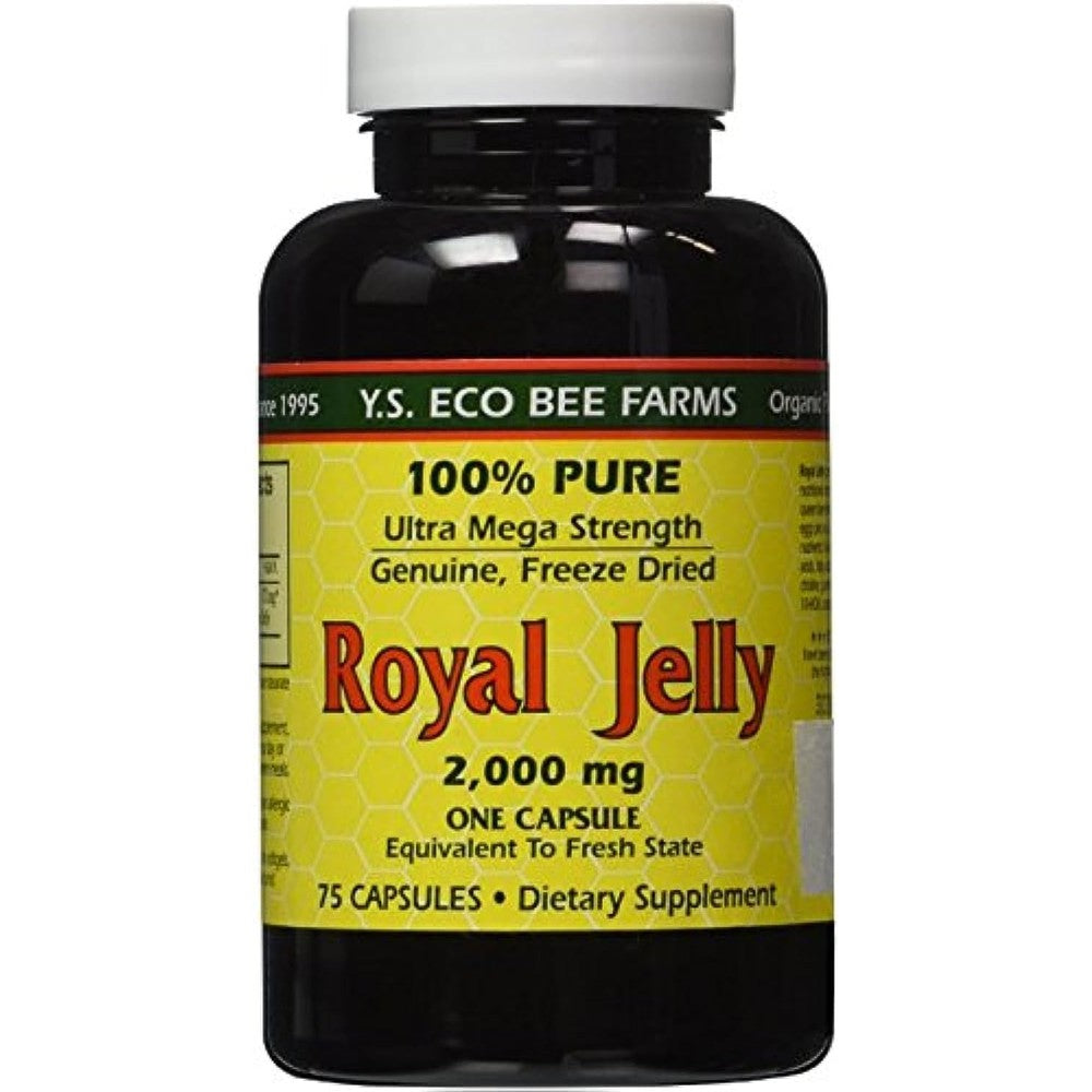 YS Eco Bee Farms Royal Jelly 2000mg 75 capsules twin pack front view bottle showing ultra strength supplement label
