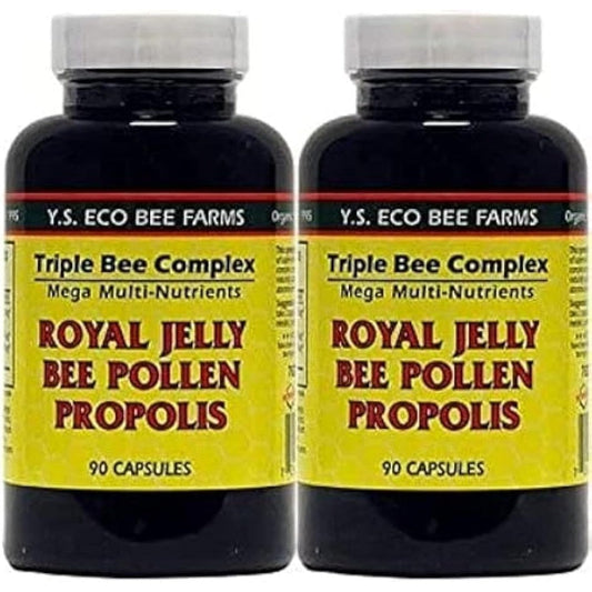 Ys Organic Bee Farms Triple Bee Complex 180 capsules bottle front view showing organic multi nutrient supplement label