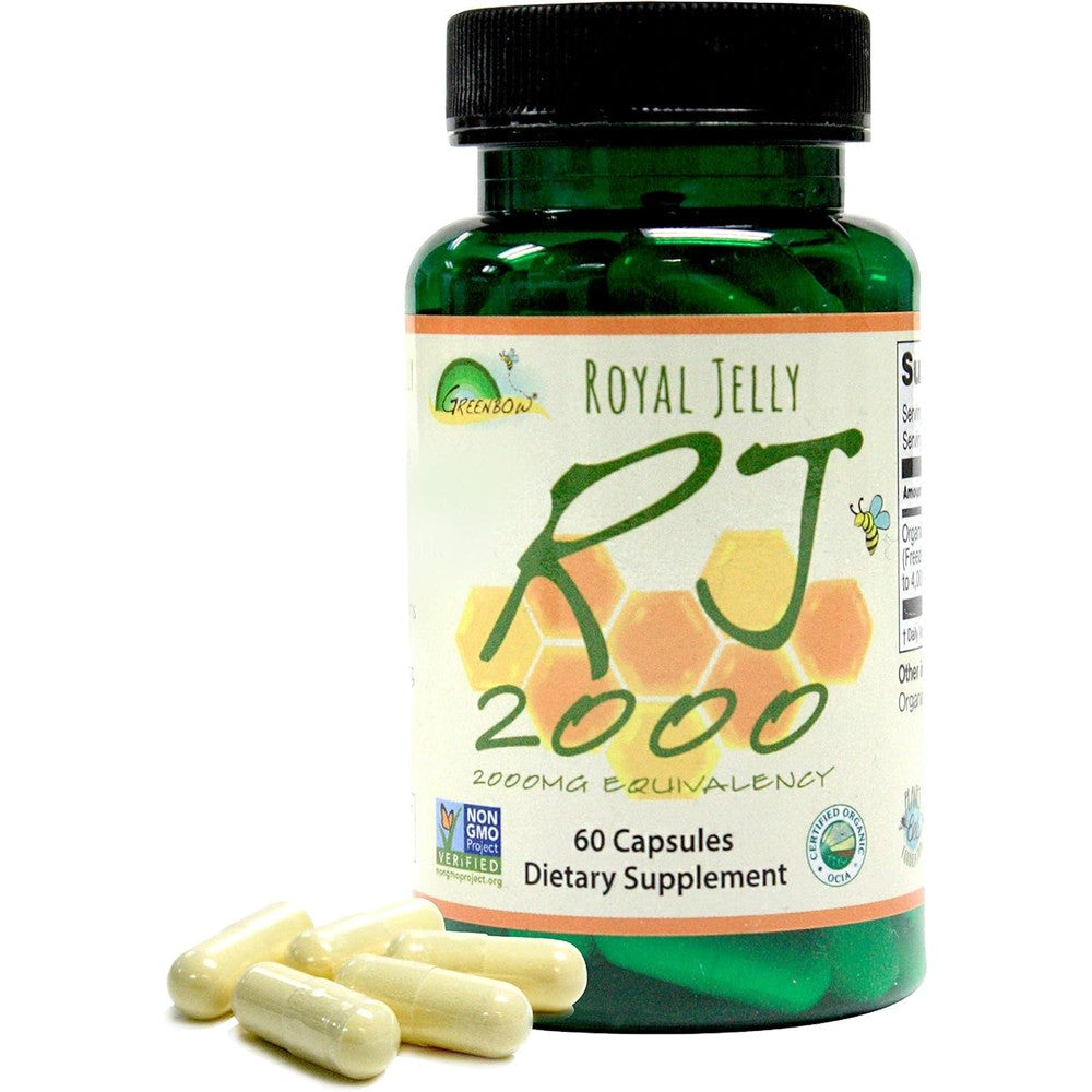Greenbow organic royal jelly 2000 milligram capsules front view bottle dietary supplement