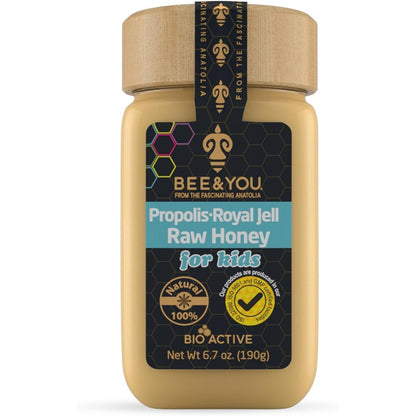 BEE And YOU Royal Jelly Raw Honey for Kids front view jar for immune support