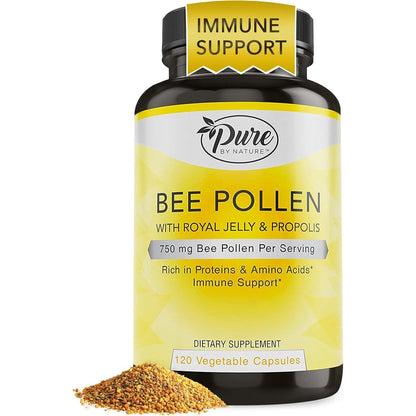 Pure By Nature bee pollen royal jelly 120 capsules front bottle view