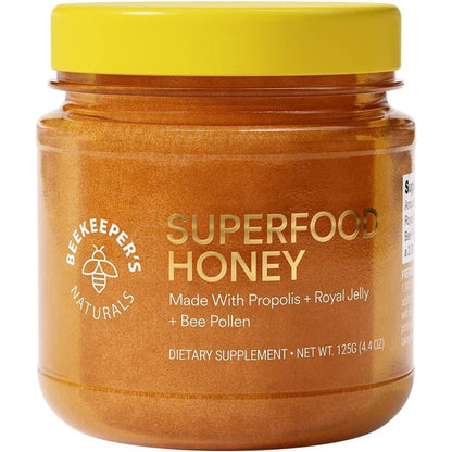 BeeKeeper's Naturals Superfood Honey 125g front view packaging showing authentic USA imported dietary supplement label.