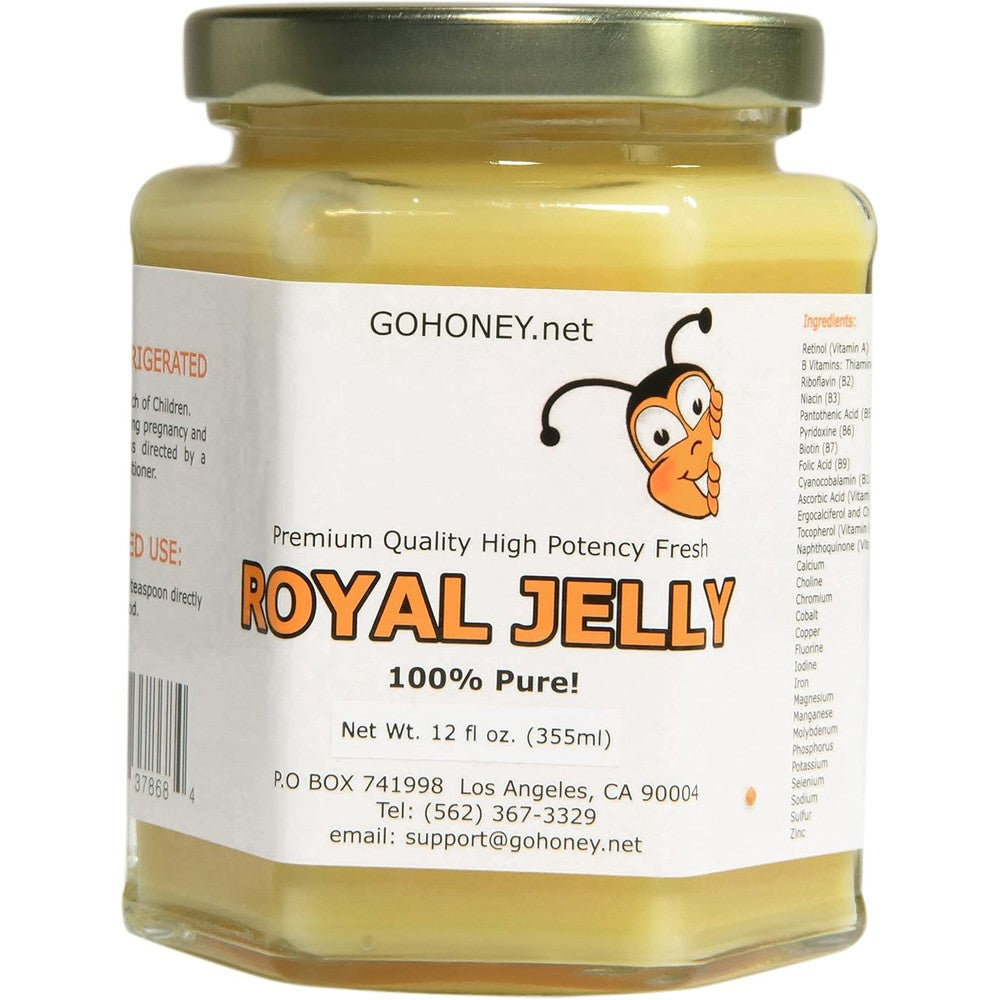 Go Honey Royal Jelly Organic Raw Unfiltered 12 ounce glass jar front view showing packaging label