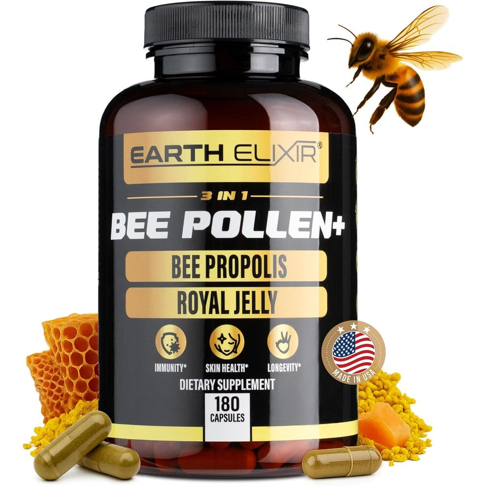 Earth Elixir Three In One Organic Bee Pollen Royal Jelly And Bee Propolis Supplement front view bottle