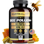 Earth Elixir Three In One Organic Bee Pollen Royal Jelly And Bee Propolis Supplement front view bottle