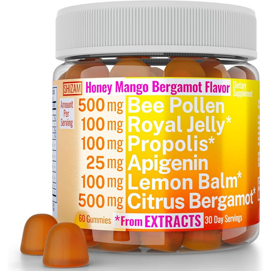 SHIZAM bee pollen citrus bergamot 60 gummies front bottle view