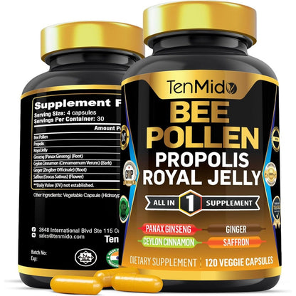 Tenmido Bee Pollen with Panax Ginseng Royal Jelly Supplement 120 Capsules front view bottle.