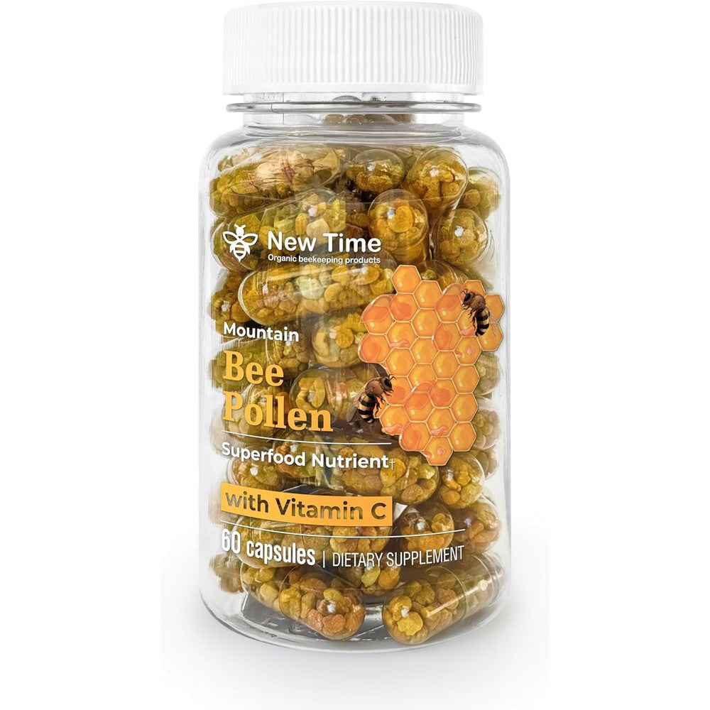 New Time Organic Mountain Bee Pollen front view bottle