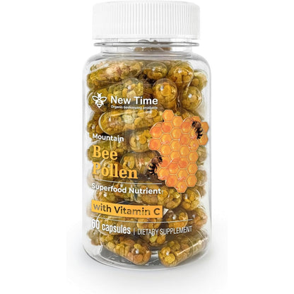 New Time Organic Bee Pollen Pregnancy Support sixty capsules front view bottle showing premium health supplement label.