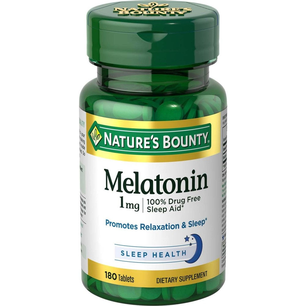 Nature's Bounty Melatonin 1 Milligram 180 Tablets front bottle view for authentic sleep support