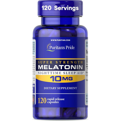 Puritan's Pride Super Strength Melatonin 10mg 120 capsules front bottle view
