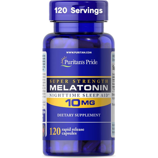 Puritan's Pride Super Strength Melatonin 10mg 120 capsules front bottle view