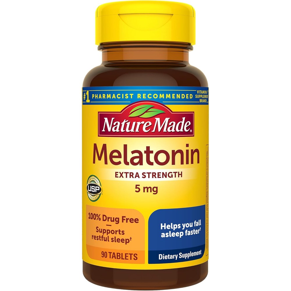 Nature Made Melatonin 5mg front view bottle of extra strength sleep aid supplement