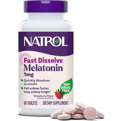 Natrol Melatonin 1mg Fast Dissolve Strawberry 90 Tablets front bottle view