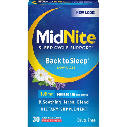 MidNite Back to Sleep Melatonin 1.5mg tablets front view package