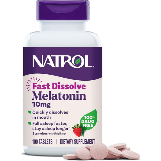 Natrol Melatonin 10mg Fast Dissolve 100 Strawberry Tablets front packaging view