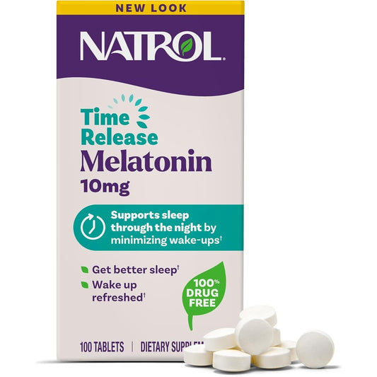Natrol Melatonin 10mg Time Release 100 Tablets front view bottle pack for overnight sleep management