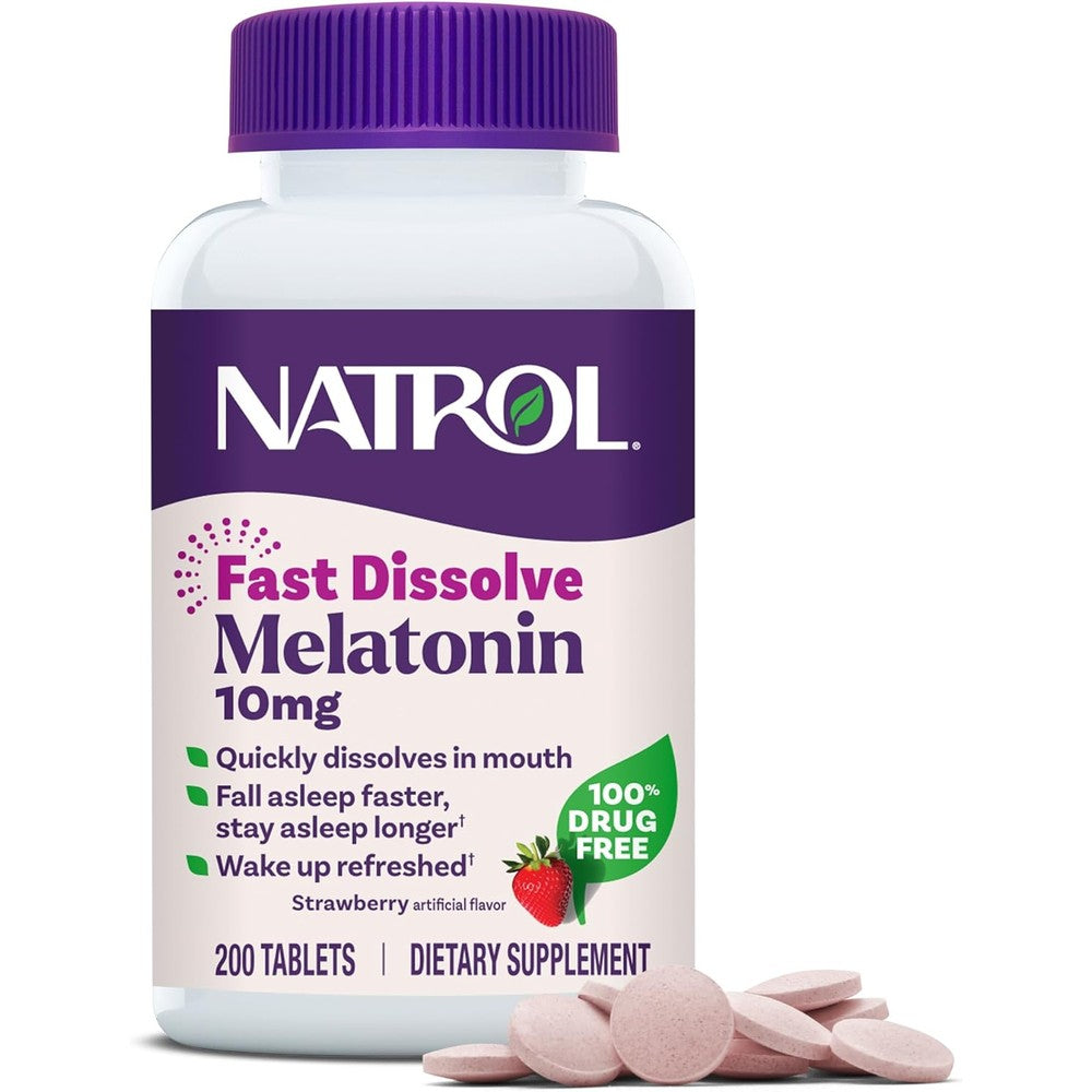 Natrol Melatonin 10mg Fast Dissolve Strawberry 200 Tablets front view packaging