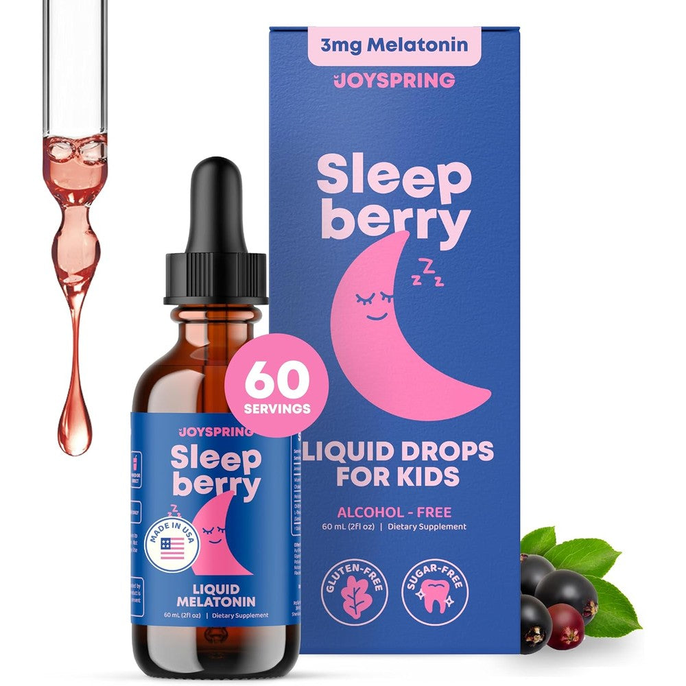 JoySpring Sleepberry Kids Melatonin liquid front view bottle showing premium USA imported children sleep aid packaging