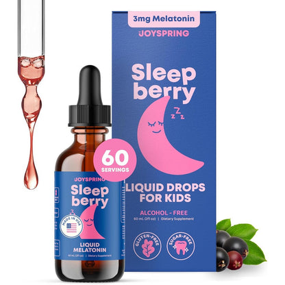 JoySpring Sleepberry Kids Melatonin liquid front view bottle showing premium USA imported children sleep aid packaging