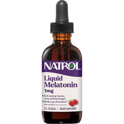 Natrol Liquid Melatonin front view bottle showing product label and berry flavor details