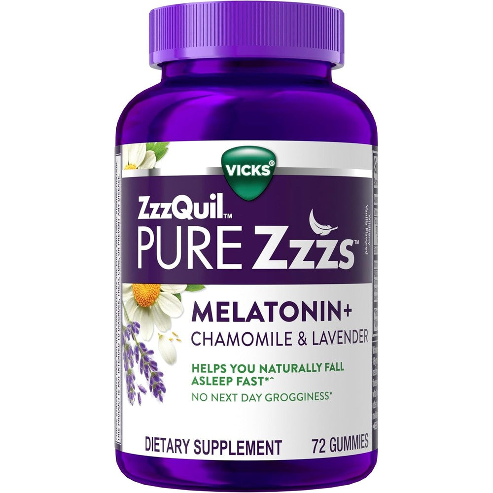 Vicks ZzzQuil Pure Zzzs Melatonin Gummies front bottle view for natural sleep aid