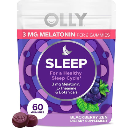 OLLY Sleep Melatonin Gummies 60 Count front view bottle showing blackberry flavor details.