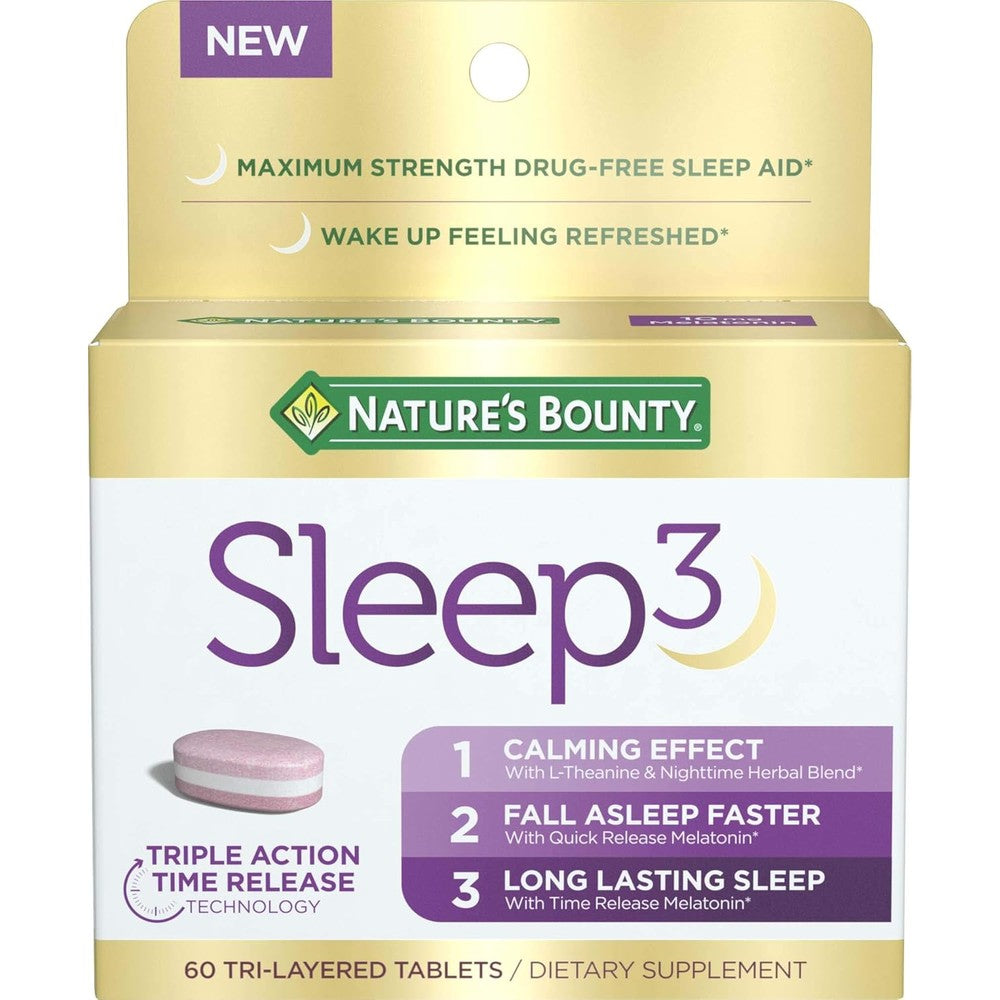 Nature's Bounty Sleep3 Melatonin 10mg 60 Tablets Bottle front view showcasing premium triple action formula branding.