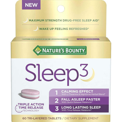 Nature's Bounty Sleep3 Melatonin 10mg 60 Tablets Bottle front view showcasing premium triple action formula branding.